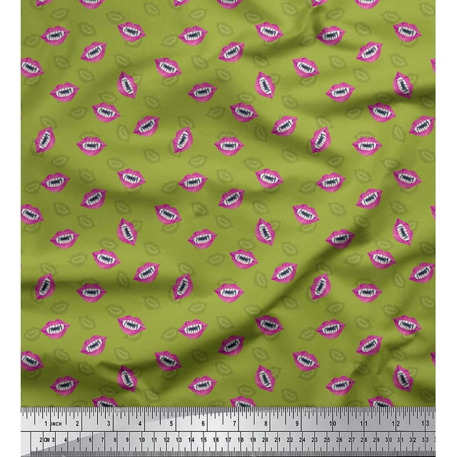 Soimoi Green Poly Georgette Fabric Monster Lips & Teeth Face Print Sewing Fabric Yard 42 Inch Wide