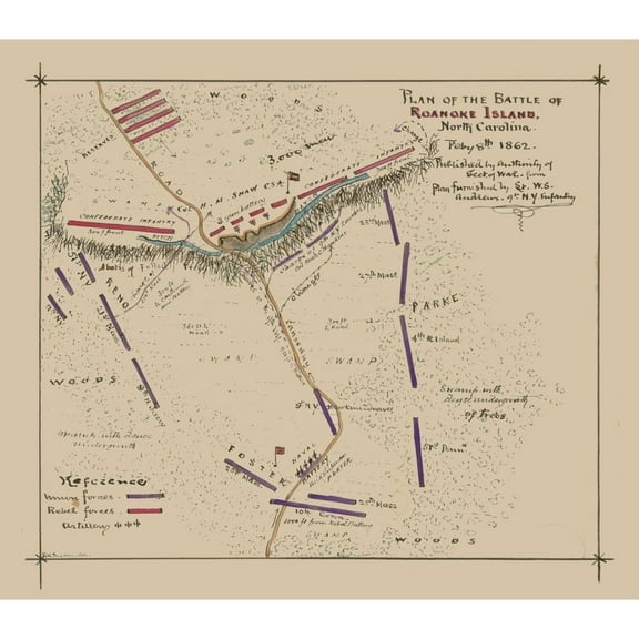 Historical Civil War Map - Roanoke Island North Carolina Battle - Sneden 1862 - Vintage Wall Art