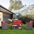 thumbnail image 2 of 4 Pieces Patio Conversation Set, Outdoor Furniture Set with Cushion, Outside Sectional Rattan Wicker Sofa for Garden, Porch, Backyard, Red, 2 of 9