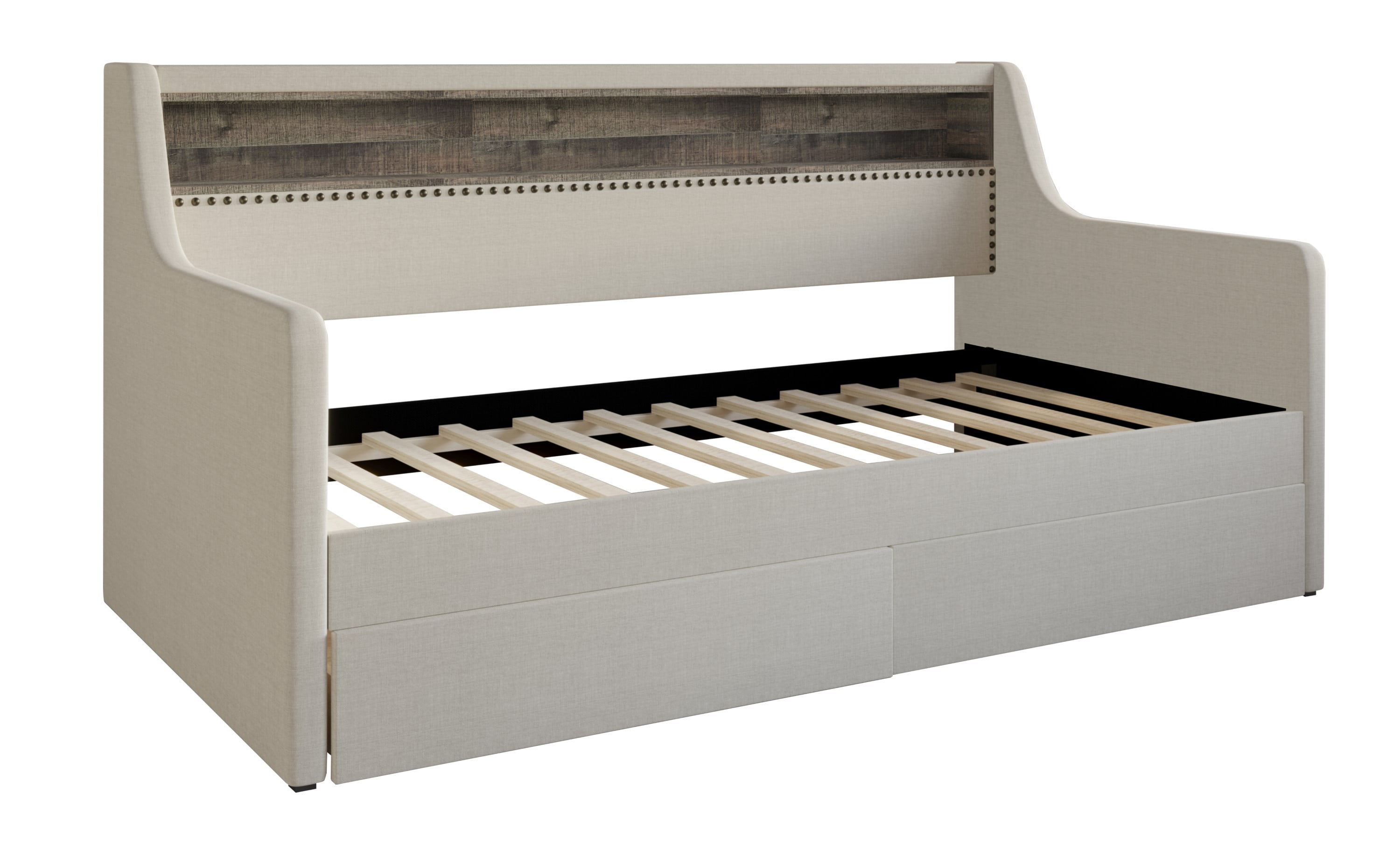 Home Design Brianna Twin Daybed with Upholstered Frame, Nailhead Trim, Built-In Storage with Two Drawers, Stylish Seating and Sleeping Solution, Warm Gray