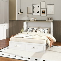 Murphy Bed Cabinet Queen Size with Charging Station, Multi-Functional Foldable Platform Bed with 1 Large Storage Drawer for Guest Room, Small Bedroom, White