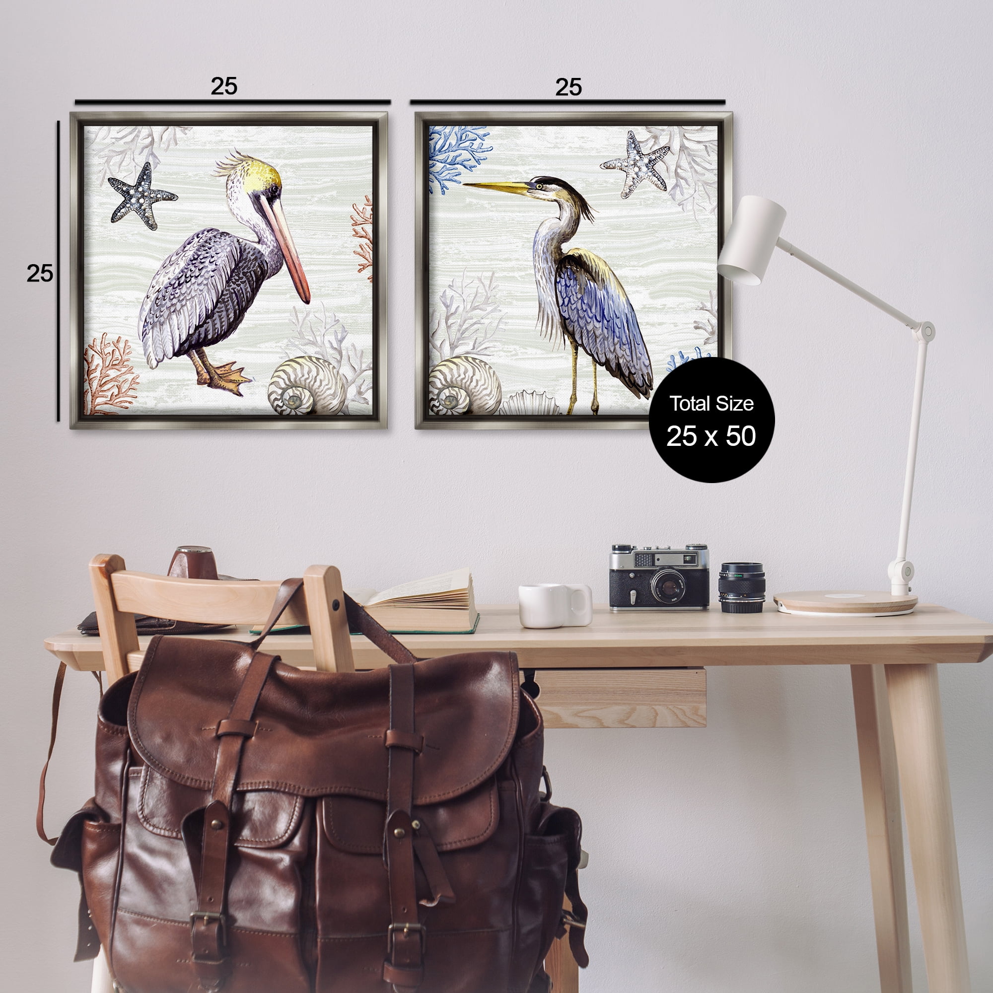 Stupell Industries Coastal Pelican & Heron Animals Painting Gray Floater Framed Canvas Art Print Wall Art, 25 x 25, Set of 2