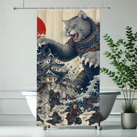 RKSupls Giant Cat Kaiju Destroying Japanese Castle Polyester Shower Curtain with Hooks for Chic Elegant Waterproof Shower Curtain Home Bathtub Bathroom Decor Washable