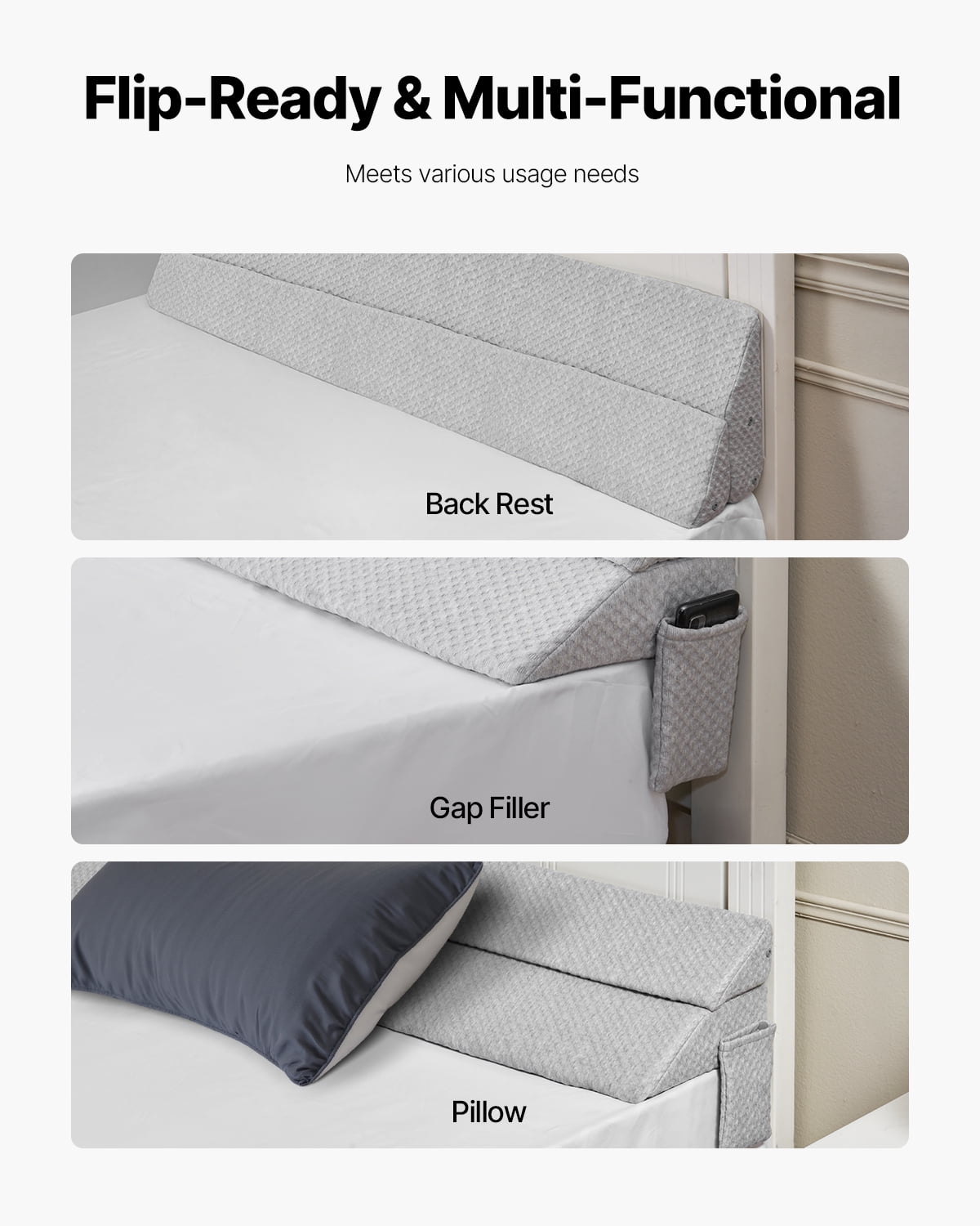 VEVOR Bed Wedge Pillow for Headboard, Queen Size, 60"x10"x6" Bed Gap Filler, Fill 0-7" Gap Between Headboard and Mattress,25D Foam Mattress Wedge Headboard Pillow with Side Pocket,for Backrest,Gray