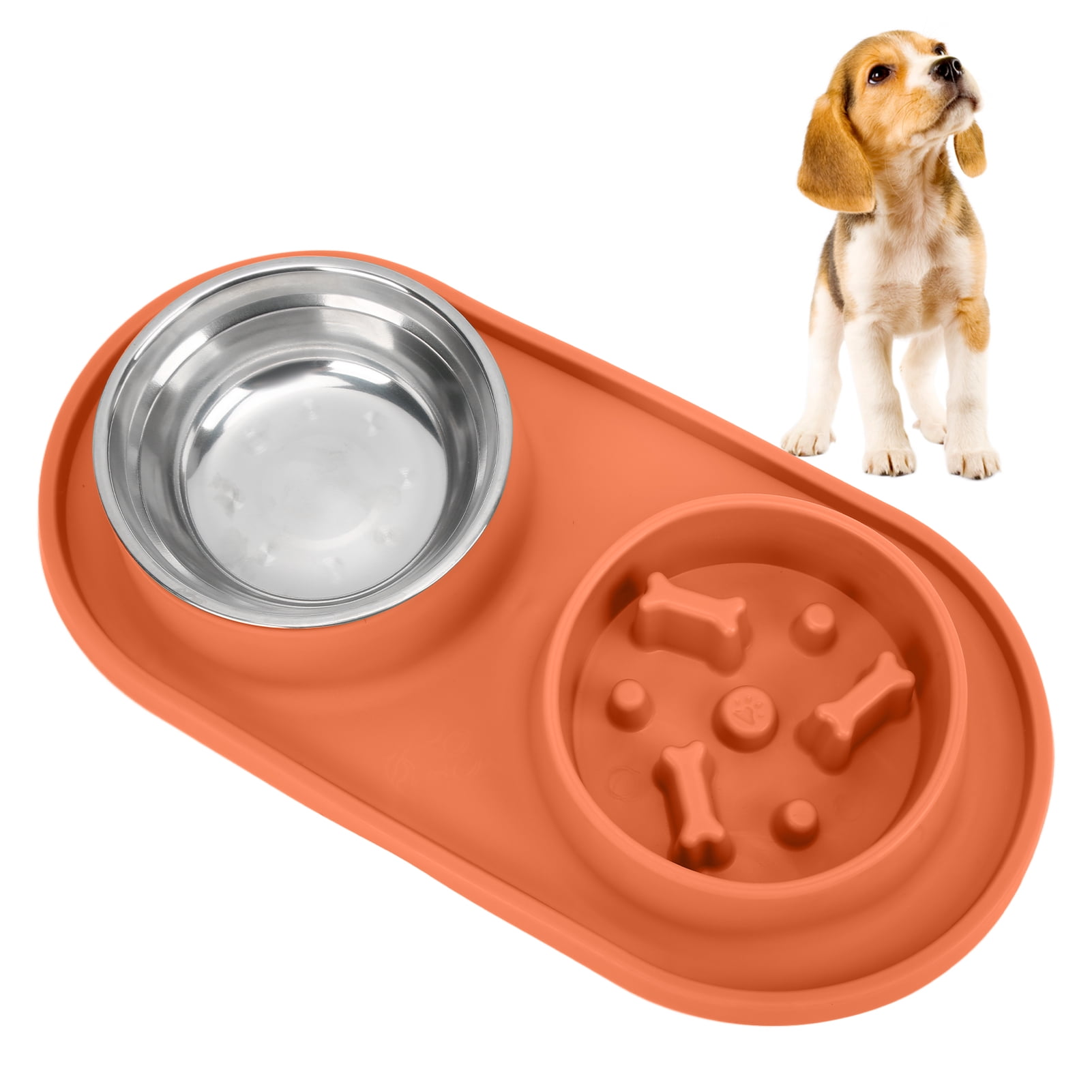 BOKYAN Anti-Skid Double Pet Bowls Silicone Slow Feeder Set with Removable Stainless Steel Water Bowl for Dogs and Cats Orange