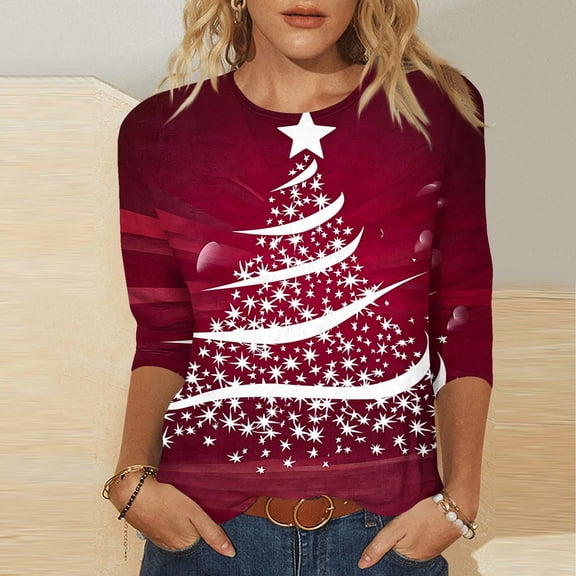 LEKWK Christmas Womens T-Shirts Graphic Tees Xmas Tree Crew Neck 3/4 Sleeve Tops Christmas Shirts for Women V Neck Funny Christmas Outfits Women