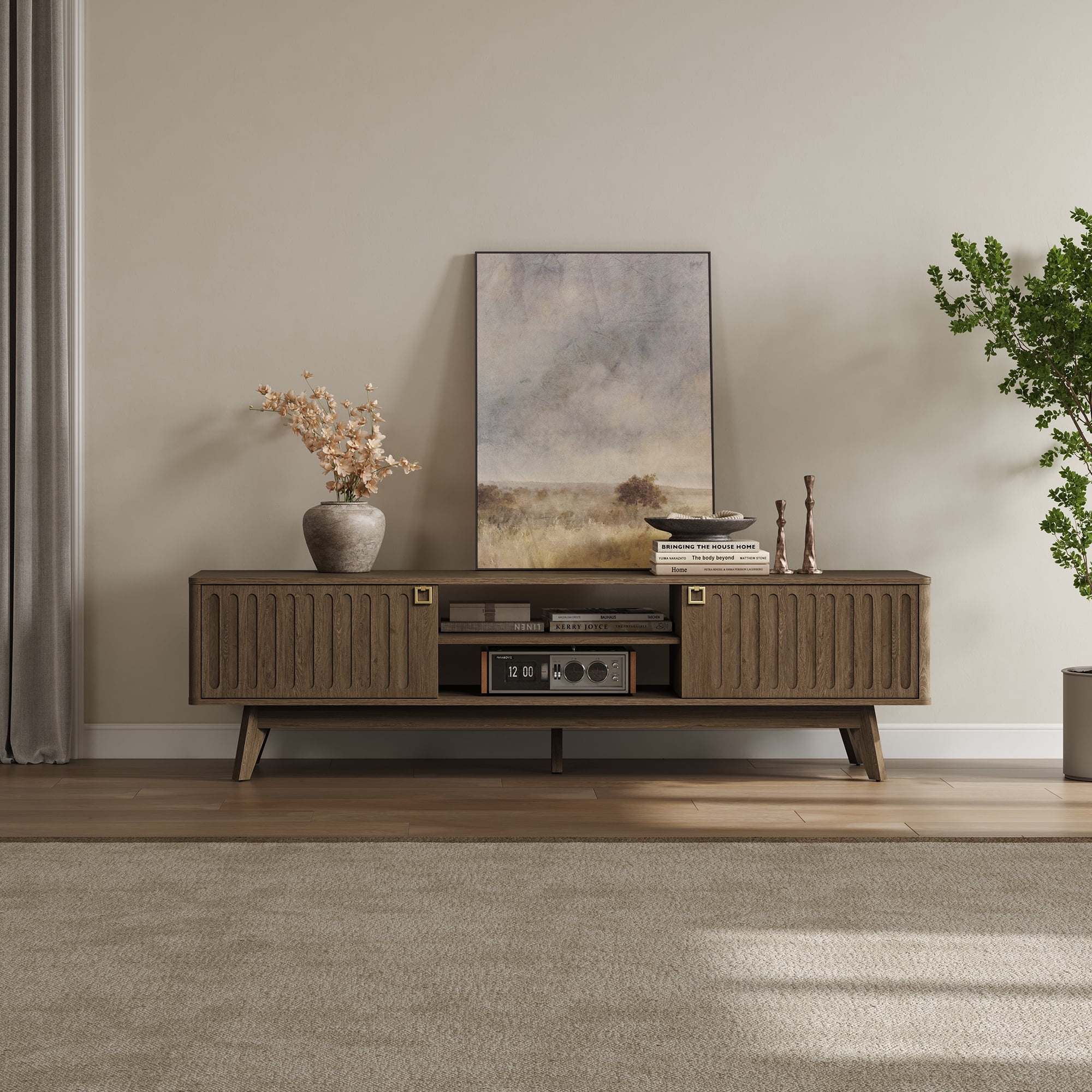 SICOTAS 70.1" Extra Long Modern TV Stand, Minimalist Console Table with 2 Fluted Doors, 3-Tier Storage Shelves, Long Entertainment Center for Living Room, Coffee Oak