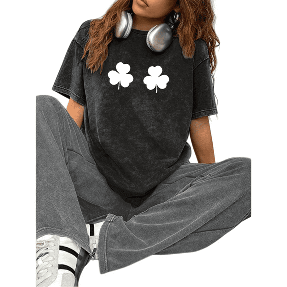 Minimal Clover Washed Print Tshirt Graphic Tees Casual Shirts Dark Gray S-5XL Womens Everyday St Patricks Day Tops