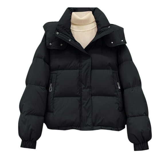 Stichou Women's Cropped Puffer Jacket Coats Winter Zip Up Long Sleeve Short Warm Padded Jacket Outerwear Black L