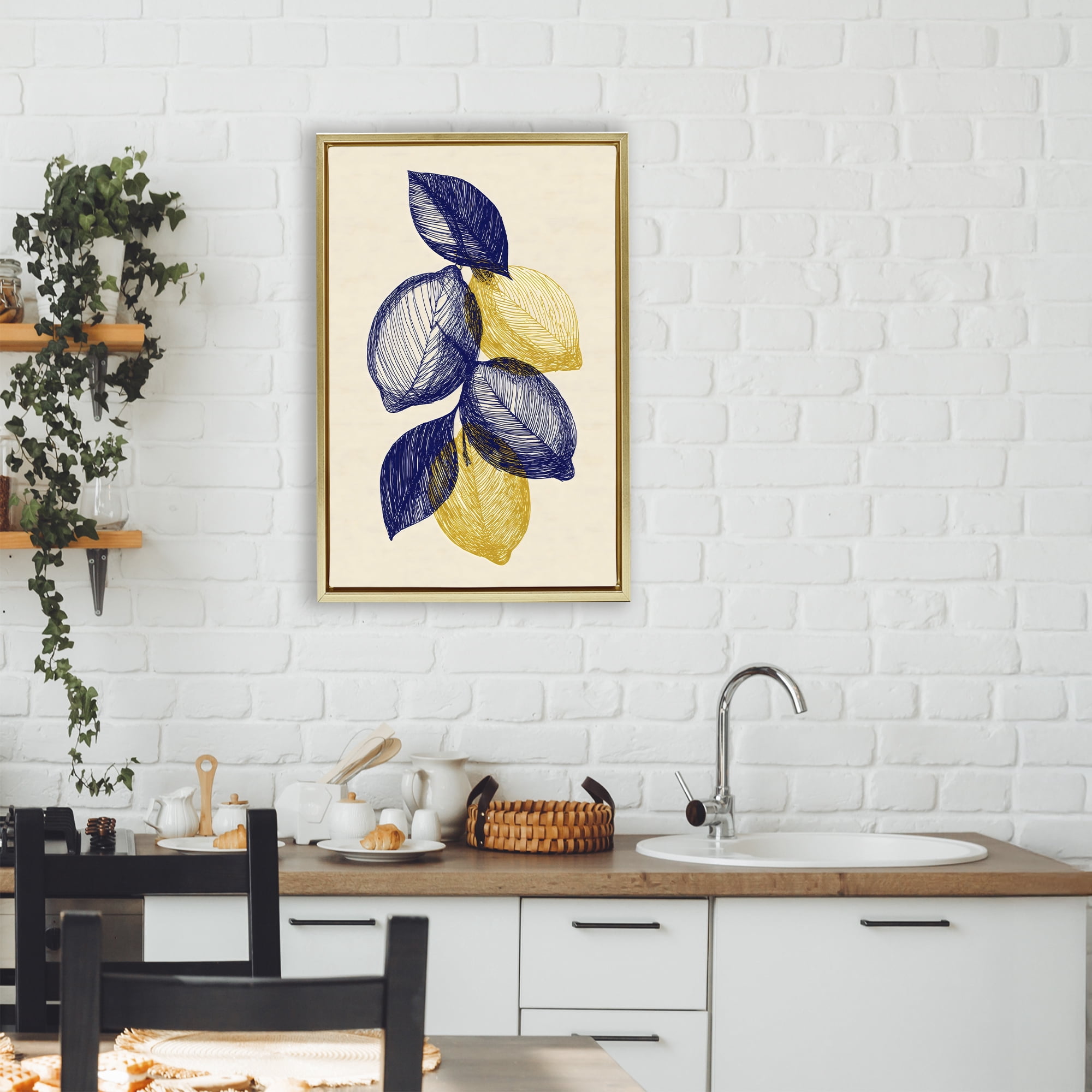 Stupell Industries Navy Lemons Botanical Sketch Gold Framed Floater Canvas Wall Art, design by Petal Prints Design