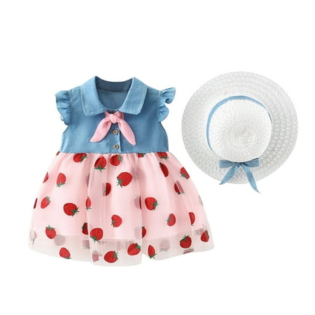 

Scyoekwg Toddler Baby Girl Dress Clearance Toddler Kids Baby Girls Fashion Cute Sleeveless Sweet Embroidery Print Ruffle Denim Dress Hat Set Pink 18-24 Months
