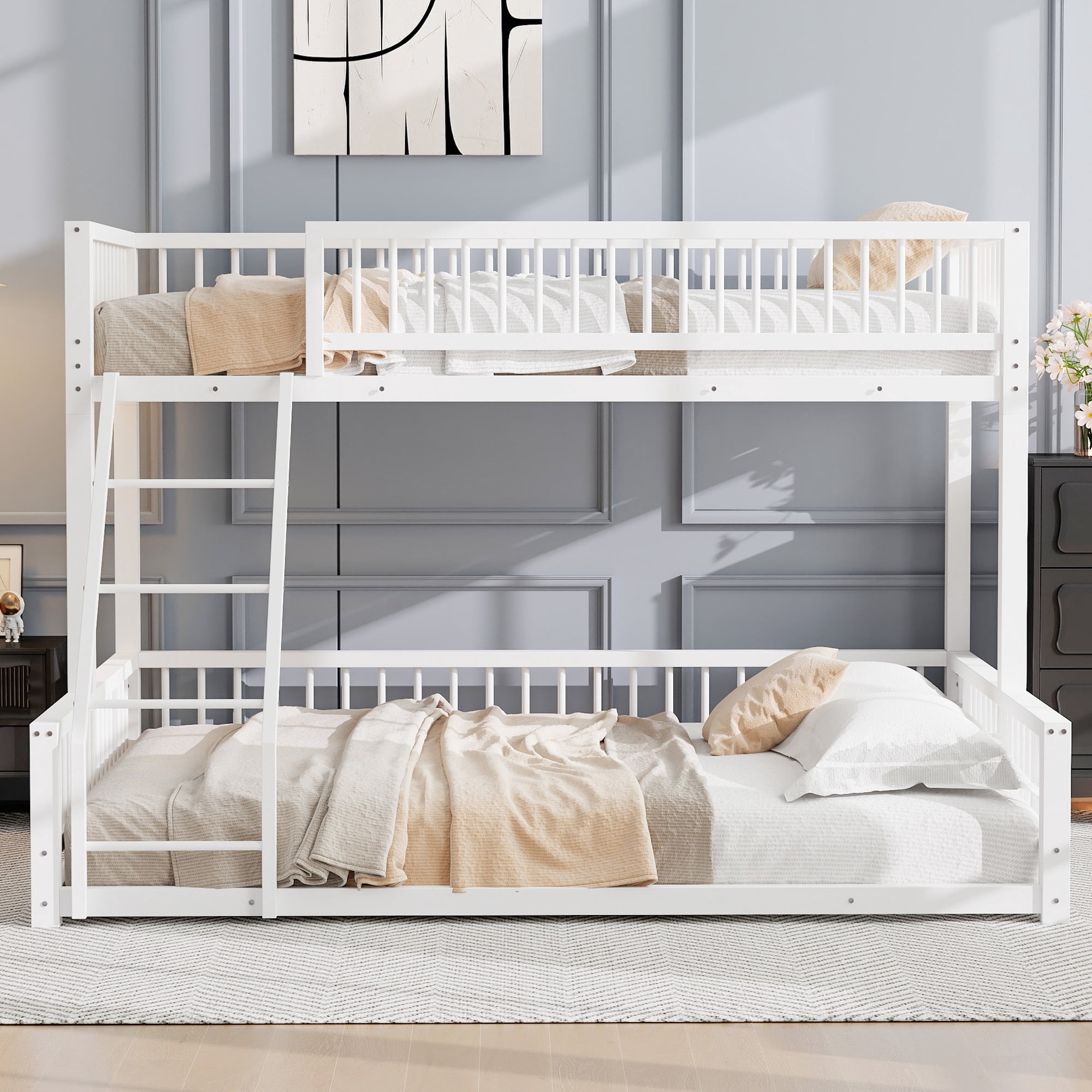 Leumius Twin XL over Queen Bunk Bed,Heavy Duty Metal Bunk Beds for Adults and Kids,Floor Bed Frame with Ladder and Safety Guardrails, Easy Assemble,White