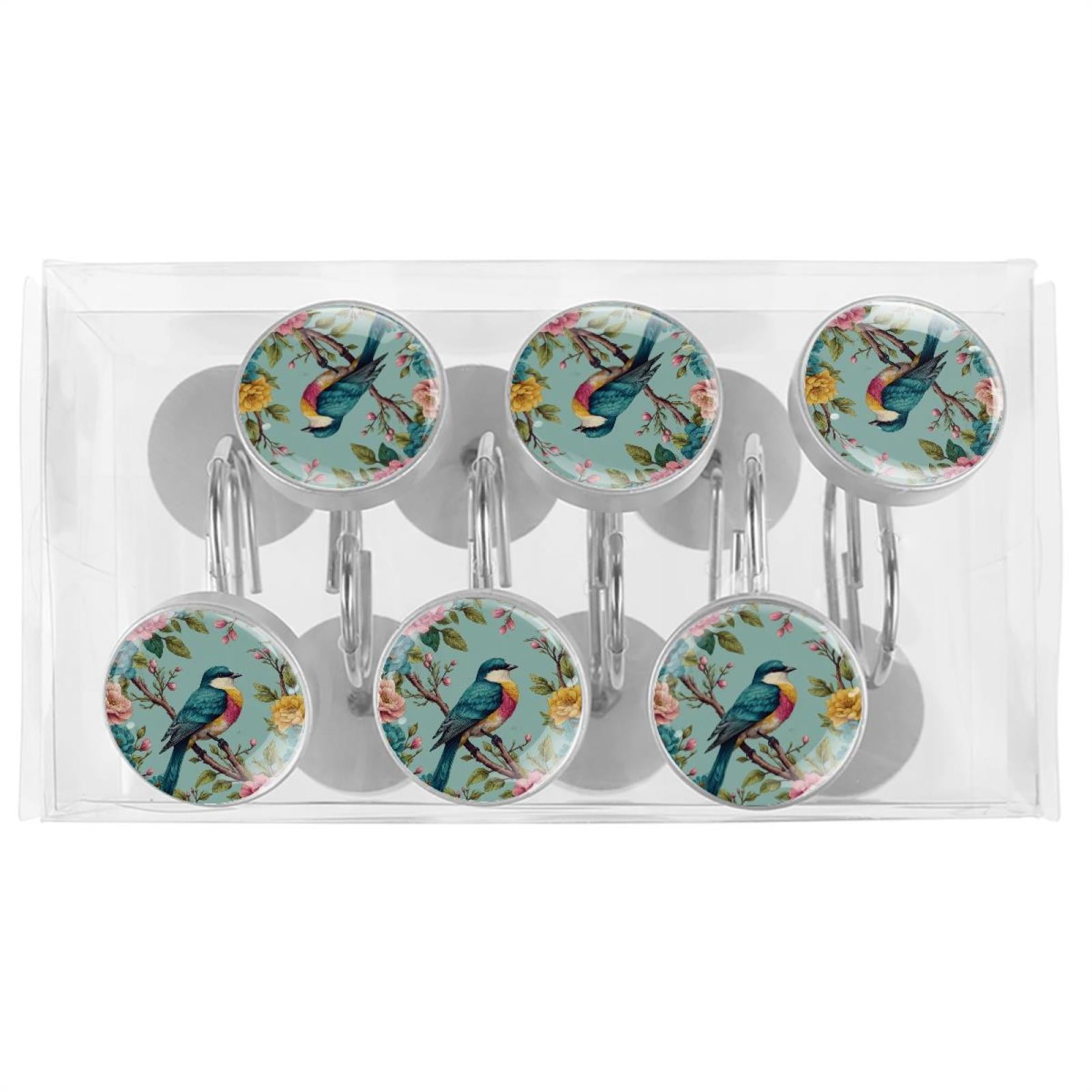Imobaby 12 Pcs Metal Shower Curtain Hooks Rust Proof for Shower Curtain Liner - Colorful Flower Clusters Magpies