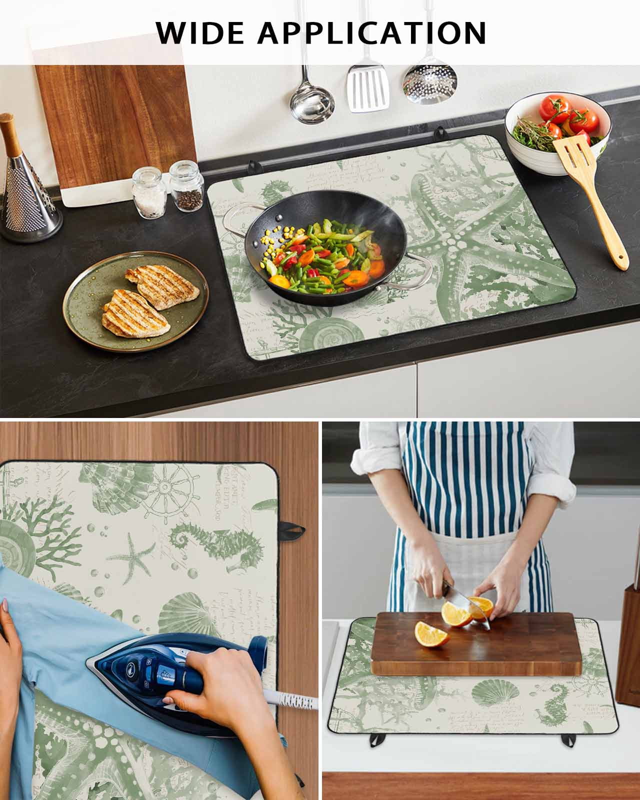nqOlkjepod Large Induction Cooktop Protector Mat 28.5"x20.5", Sage Green Starfish Stove Top Covers for Electric Stove, Coastal Nautical Seahorse Conch Stove Burner Cover Mats, Glass Top Stove Cover