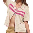 thumbnail image 4 of Womens Striped Short Sleeve Sweater Casual Knitted Button Down Crochet Cardigan Vintage Y2k Hollow-Out Tops, 4 of 6