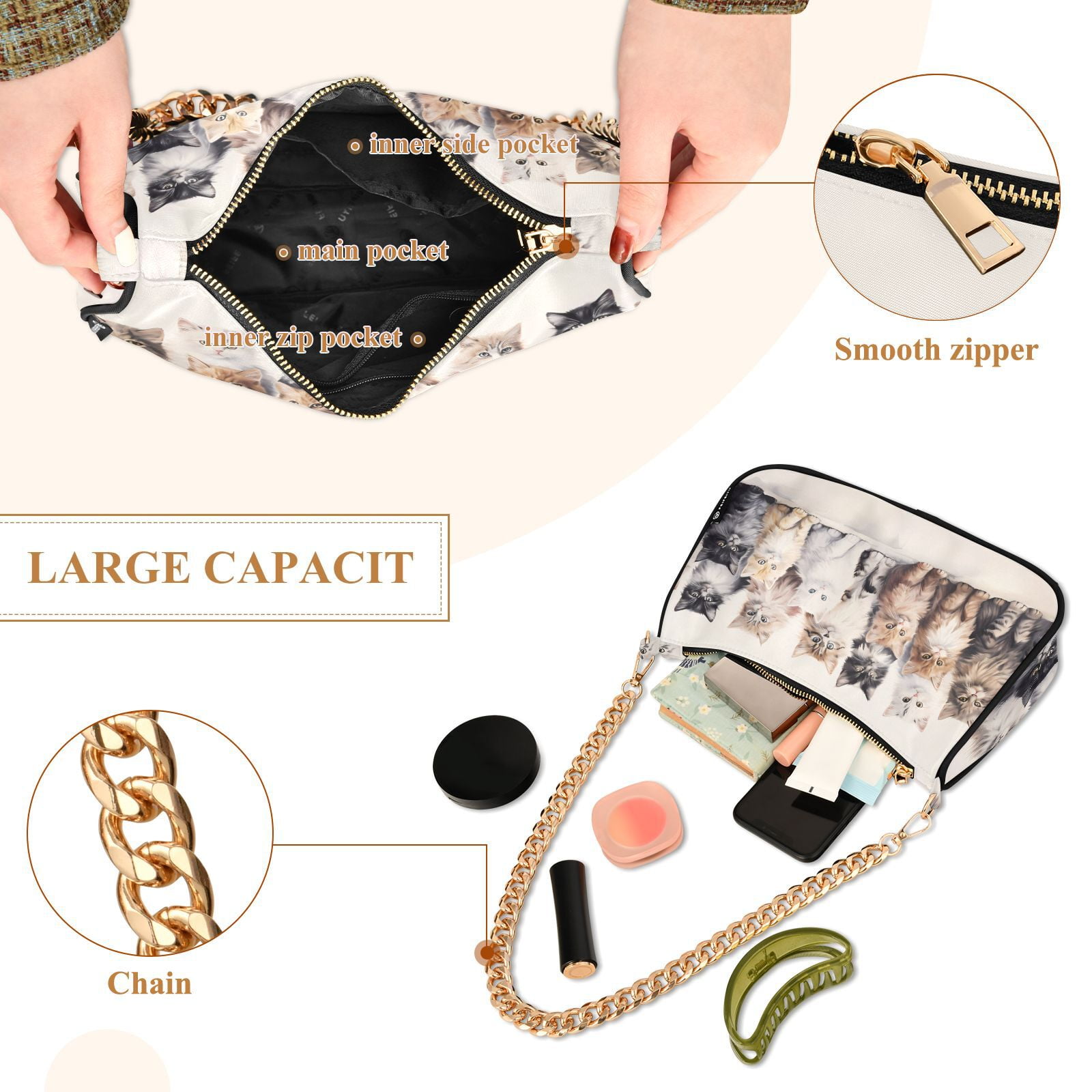 Cats WhiteWomen Small Shoulder Bag Crossbody Tote Hobo Bags Purse Clutch Handbags with Chain Strap for Women