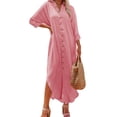 thumbnail image 1 of Innerwin Robe Chemise Manches Longues Dames Été Plage Robe d'Été Vacances Boutonnée Hawaïenne Maxi Robes Rose TG, 1 of 3