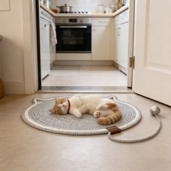 Qiopertar Rope Woven Cat Scratching Mat with Toy Ball, Thickened Durable Washable Pet Mat for Floor Wall, Cat Bed Furniture Protector Scratch Resistant Mat for Kittens, Gray