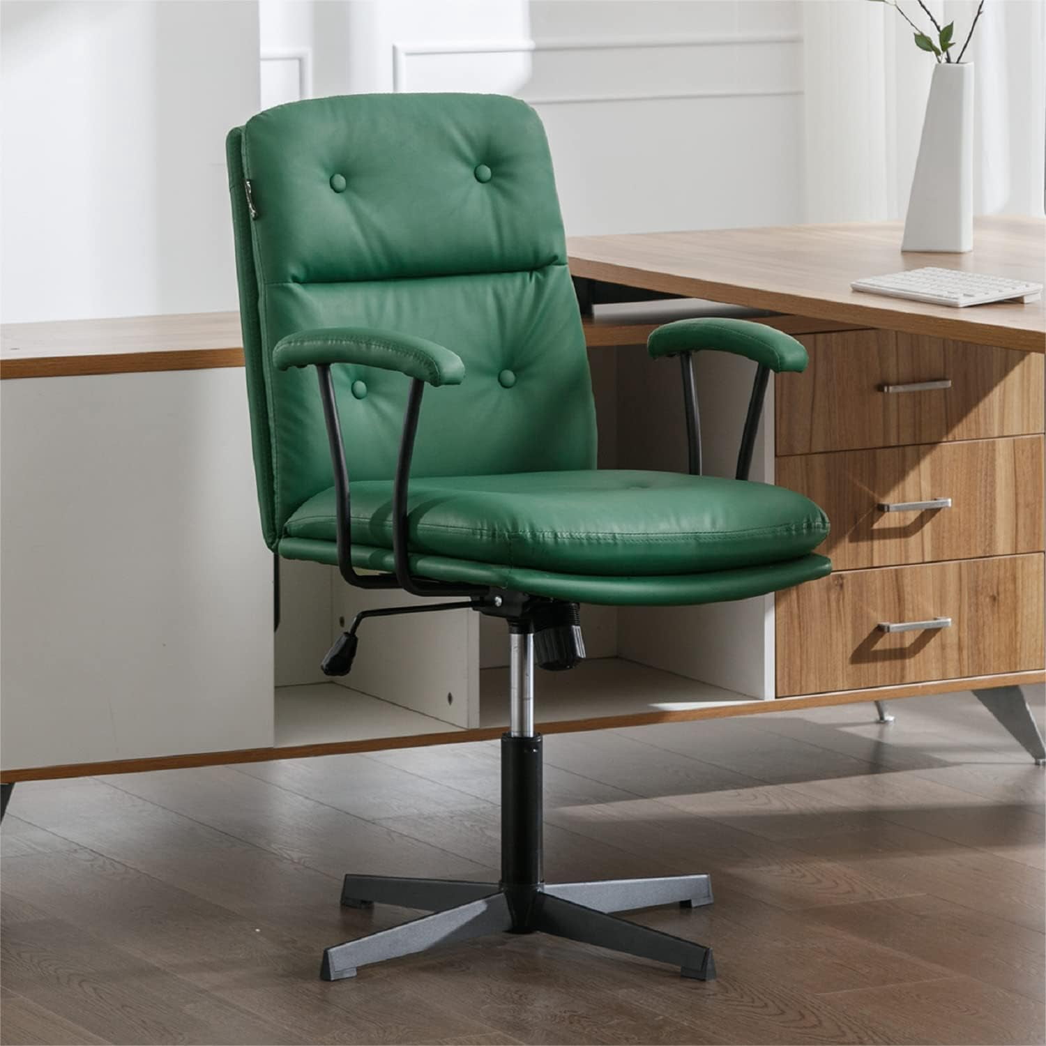 Office Desk Chair No Wheels, Swivel Chair with Retro Wooden Armrests, Adjustable, with Thick 