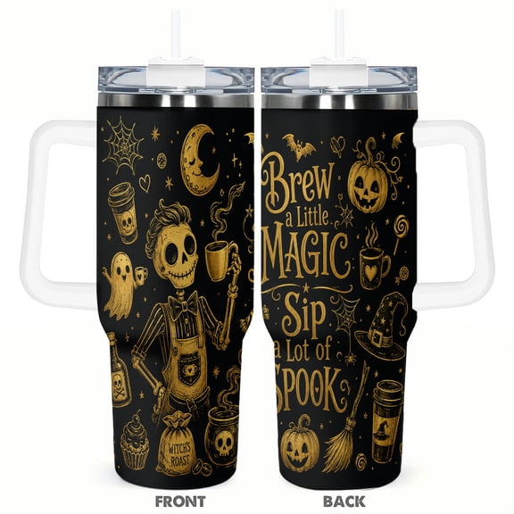 Halloween Skeleton Witch Brew 40oz Insulated Tumbler Brew a Little Magic Sip a Lot of Spook Travel Cup with Handle Straw Lid Gift for Halloween Lovers