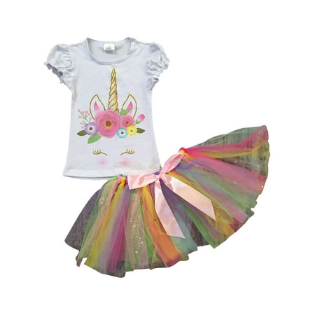 Girls 2 Pieces Skirt Set Unicorn Floral Top Colorful Tutu Skirt Clothing Set White 7 XXL (710059)