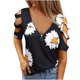 thumbnail image 1 of Moda mujer elegante sexy media manga Ｖ-cuello cremallera impresión ahueca hacia fuera camiseta blusa Tops Pompotops hfajkhk128914, 1 of 5