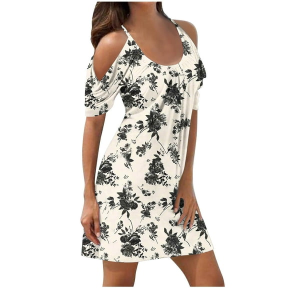 Njoeus Cold Shoulder Dresses for Women Summer Casual T Shirt Dress Floral Short Sleeve Swings Tunic Dress Beach Cover Up S-3XL