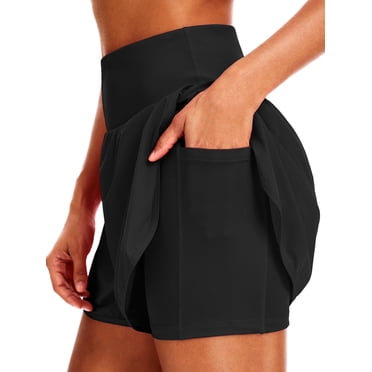 Cadmus 2 in 1 Women's 5'' Workout Shorts Athletic Gym Running Shorts for Women Phone Pockets,1 Pack,Black,L