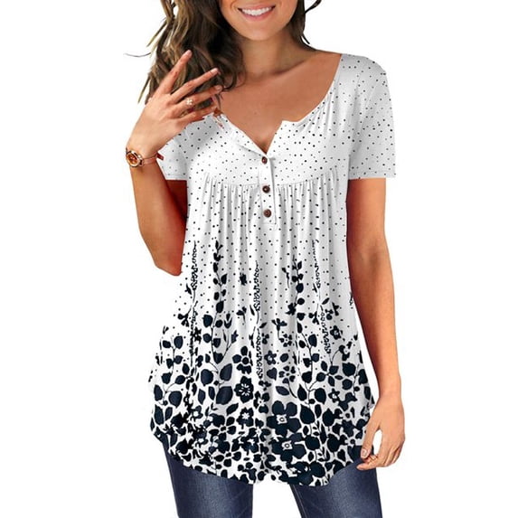 Uhndy Womens Summer Short Sleeve Blouse Shirt Tops Casual Loose Plain Plus Size Tunic-LQ