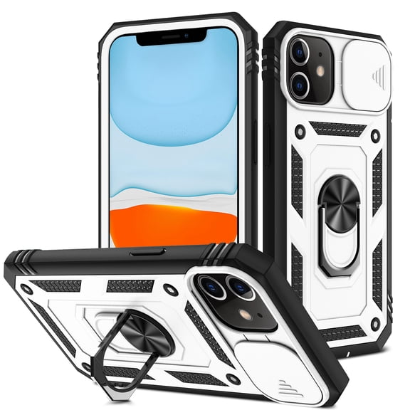 JTCASES for iPhone 11 Case, Sliding Camera Cover  Rotating Ring Kickstand   Magnetic Car Mount   Inside Card Holder, Bracket Shockproof Frame Anti-drop PC TPU Heavy Duty Protection, Black/Silver