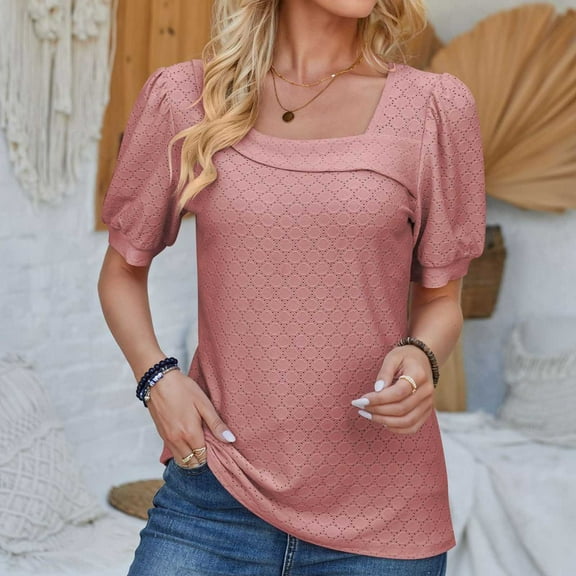 Wiyuqeen Womens Solid Color Puff Short Sleeve Shirts 2024 Pleated Lace Square Neck Summer Tunic Tops Trendy Hollow Out Eyelet T-Shirts Blouses