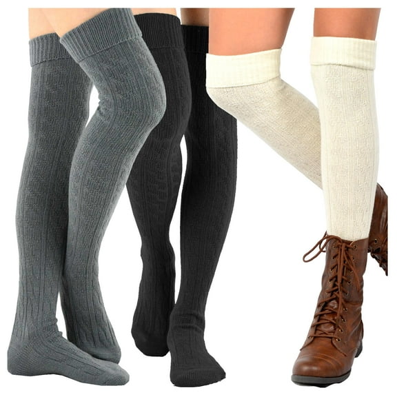 TeeHee Women's Fashion Over the Knee High Socks - 3 Pair Combo (Cable Cuff Dark Combo)
