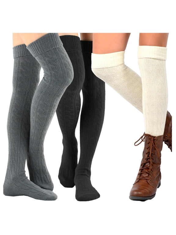TeeHee Women's Fashion Over the Knee High Socks - 3 Pair Combo (Cable Cuff Dark Combo)