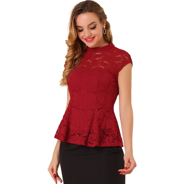 Blusa Allegra K Allegra K De Encaje Rojo Con Mangas Casquillo Y Cuello Simulado De Crochet Floral Para Mujer Rojo XS