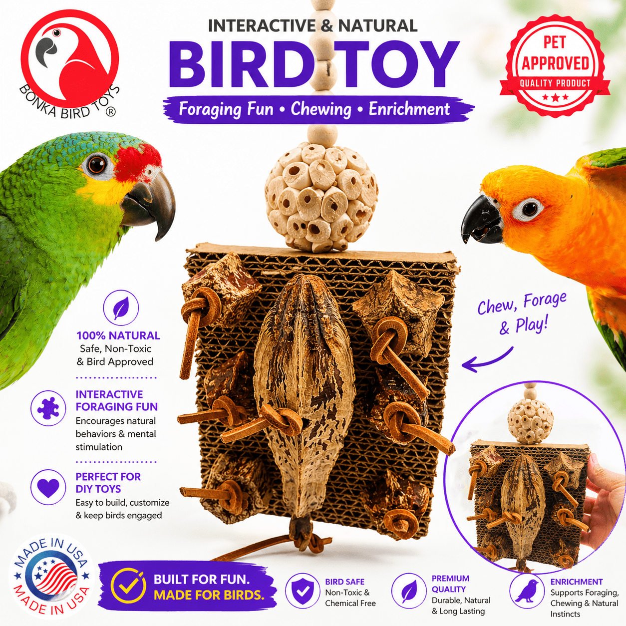 Bonka Bird Toys 1427 Mahogany Forage Block Chew Shred Forage Parrot Cage Toy Pet