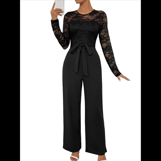 Mono Formal de Larga con Cuello Redondo y Retazos de Encaje para Mujer, Color Liso, Informal, de una Pieza. Negro XL