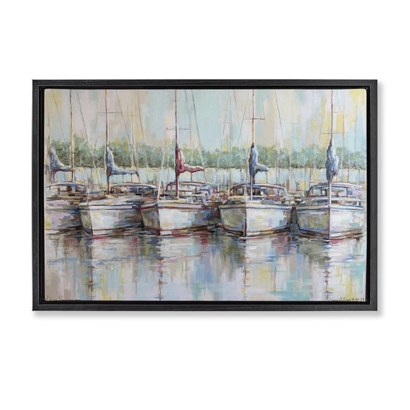 Stupell Industries Coastal Morning At The Marina Black Floating Frame Canvas Art, 25 x 17, by Linda Sperruzzi