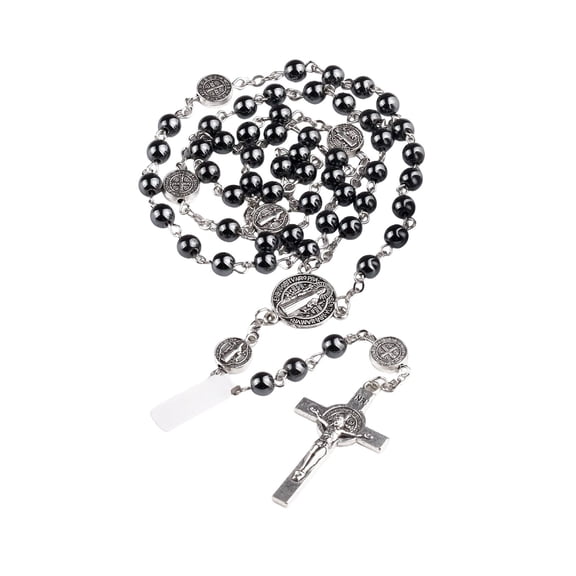 Chanana Hematite Rosary Necklace for Men and Women, Black Stone and Stainless Steel Beads, 20.9" Length