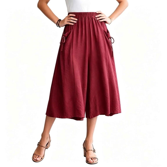 Lenpel Womens Wide Leg Capri Culottes Fashion Pleated Baggy Elastic Waist Cropped Pants with Pockets Flowy Summer Beach Capris