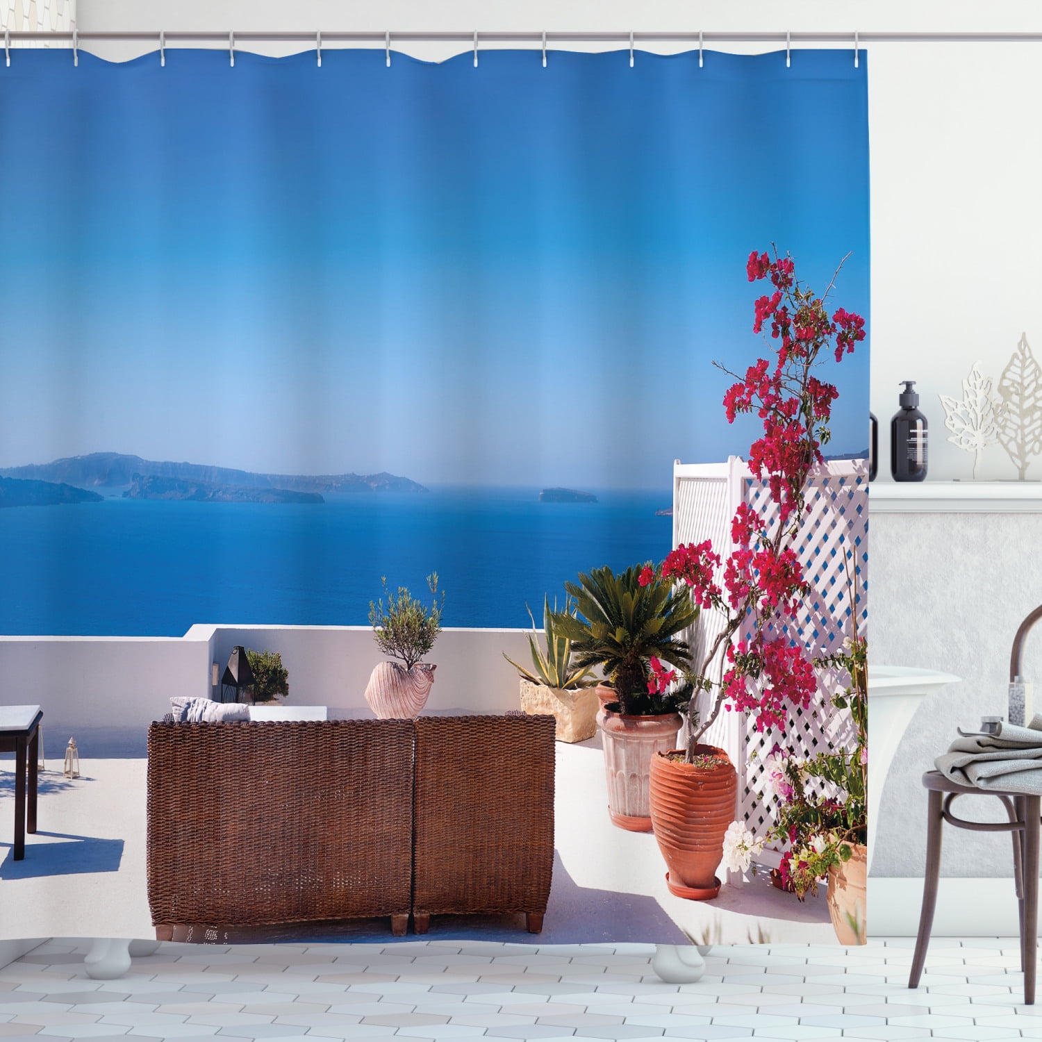 Santorini Scenery Bathroom Decor Shower Curtain Waterproof Fabric 12 Hooks & Mat 