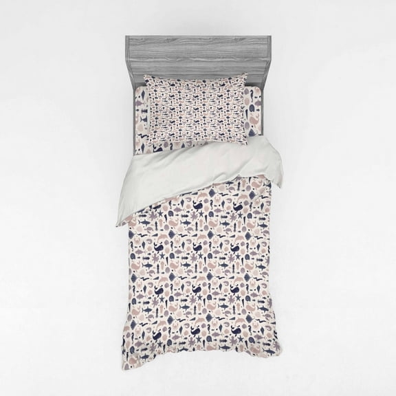 Ambesonne Nautical Bedding Set 3 Pcs, Vintage Sea Life Pattern, Twin, Champagne Multicolor