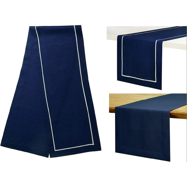 Linen Table Runner - 14 x 54 Inch Navy Blue and White, 54 inches Long, 100% Pure Linen Reversible Table Runners, Machine Washable, Perfect for for July 4th Spring Mother's Day