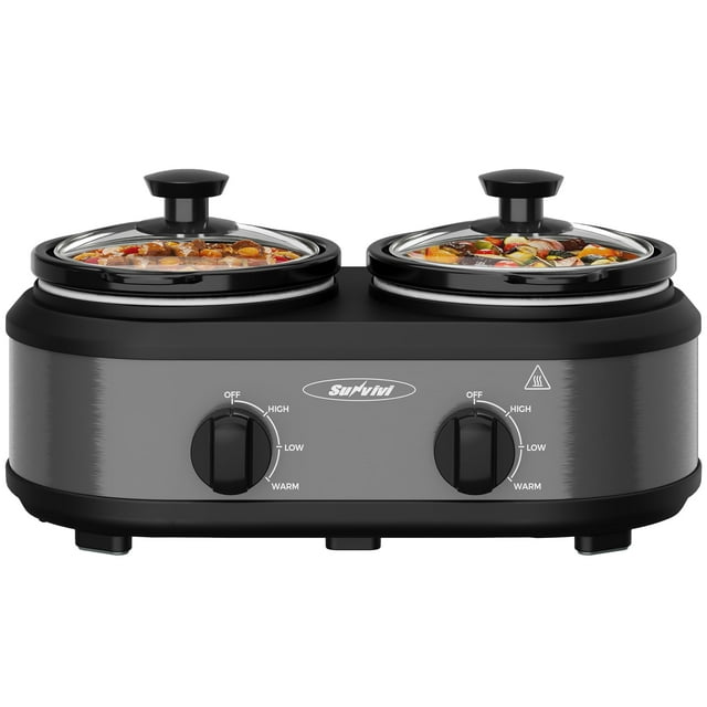 Sunvivi Olla de cocción lenta doble, servidor de buffet y calentador con 2 ollas de cerámica extraíbles, 3 configuraciones de temperatura ajustables y 2 tapas de vidrio visibles, acero inoxidable, 2.5