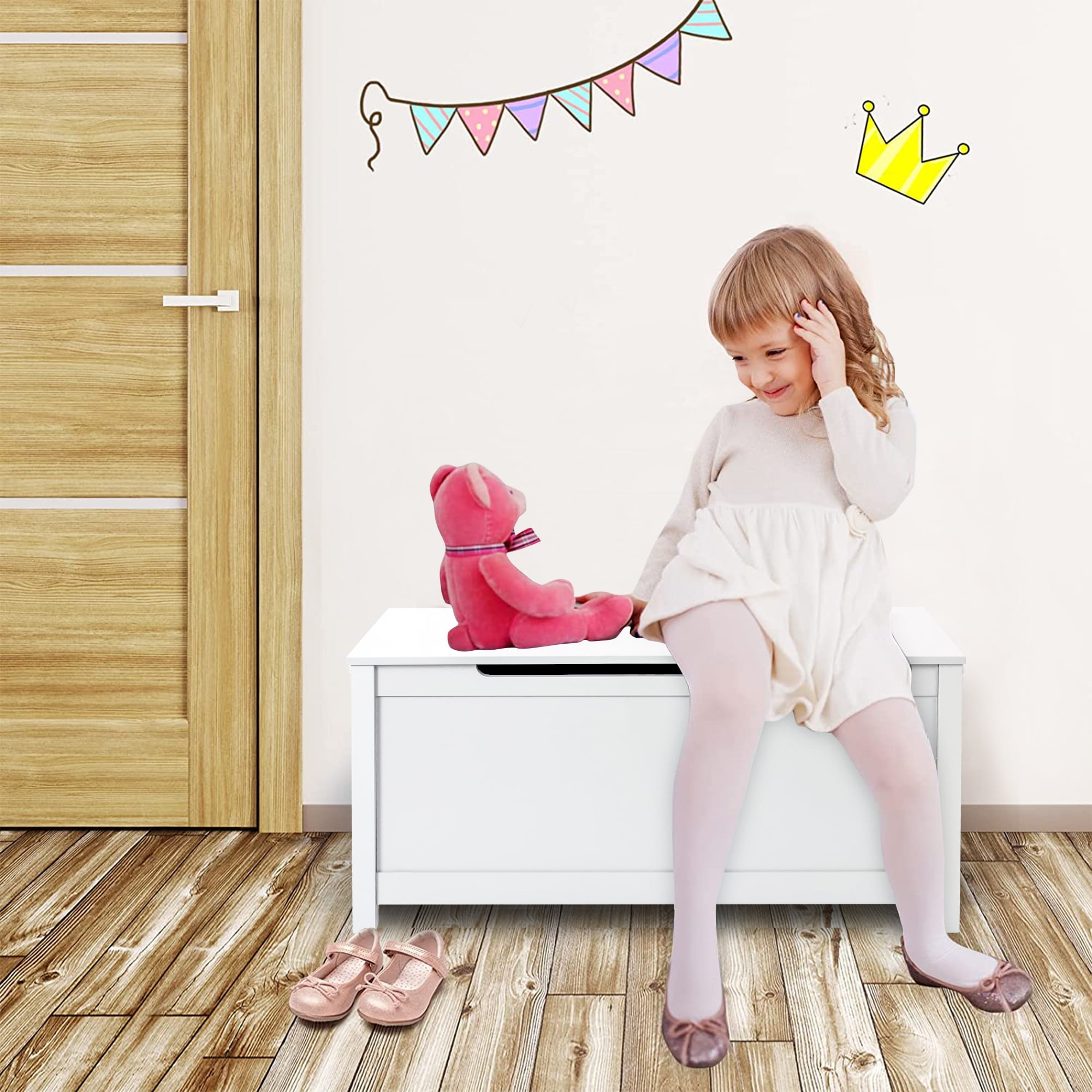 Kids Toy Storage Box, Wooden Toy Storage Chest with Safety Hinged Cover & Seating Bench, Large Storage Space Toy Organizer Chest, Suitable for Bedroom, Living Room, Playroom, Study Room, White, D1038