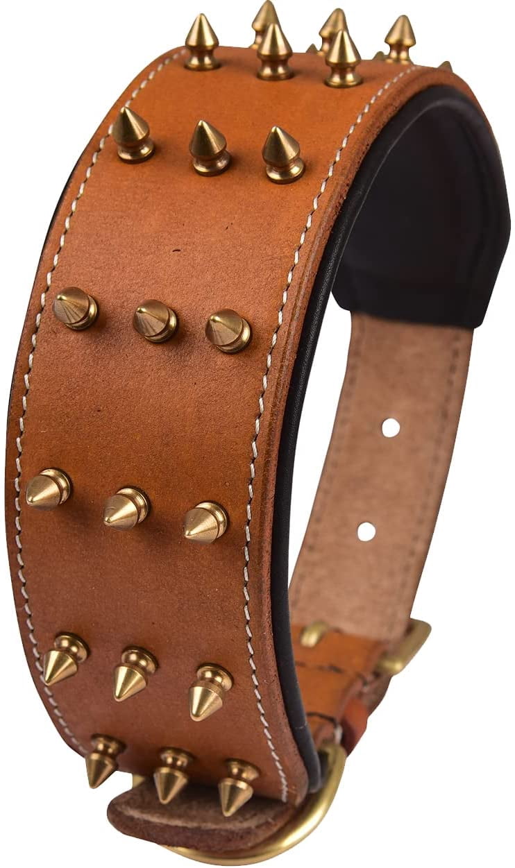 DowgClub | Genuine Leather Heavy Duty Spiked Dog Collar | Full Grain, Cushion Sheep napa padding Inside, Comfortable, Strong | Best for Medium, Large, X-Large Breeds | Cherry, Black, Pink, Tan |