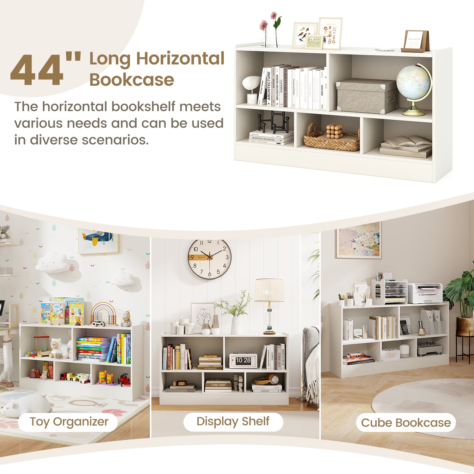 Costway 2-Tier Kids Bookcase with Spacious Top & Raised Base Toy Organizer with 5 Compartments Light White