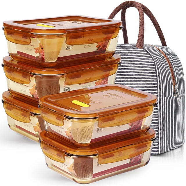DAS TRUST Lot de 5 Contenants Alimentaires en Verre Ambré de 36 Oz, Contenants de Préparation de Repas Réutilisables, Organisateurs de Réfrigérateur, Contenant à Lunch pour Adultes, Contenants de Conservation des Aliments avec Couvercle, Hermétique, Rangement pour Pizza, Salade