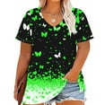 thumbnail image 2 of Summer Plus Size Tops For Women Causal Loose Short Sleeve V-Neck Butterfly Printing Pullover Blouse T-Shirt Oversized Women Shirts Under $10 Green 4XL, 2 of 5