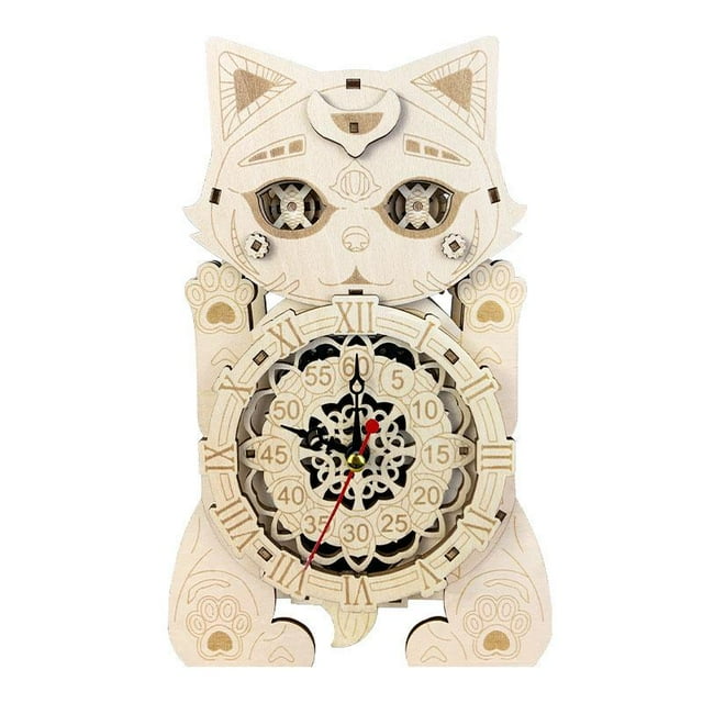 Milaget 3D Wooden Puzzle Cat Clock Crafts Birthday Gift for Home Living Room Bedroom