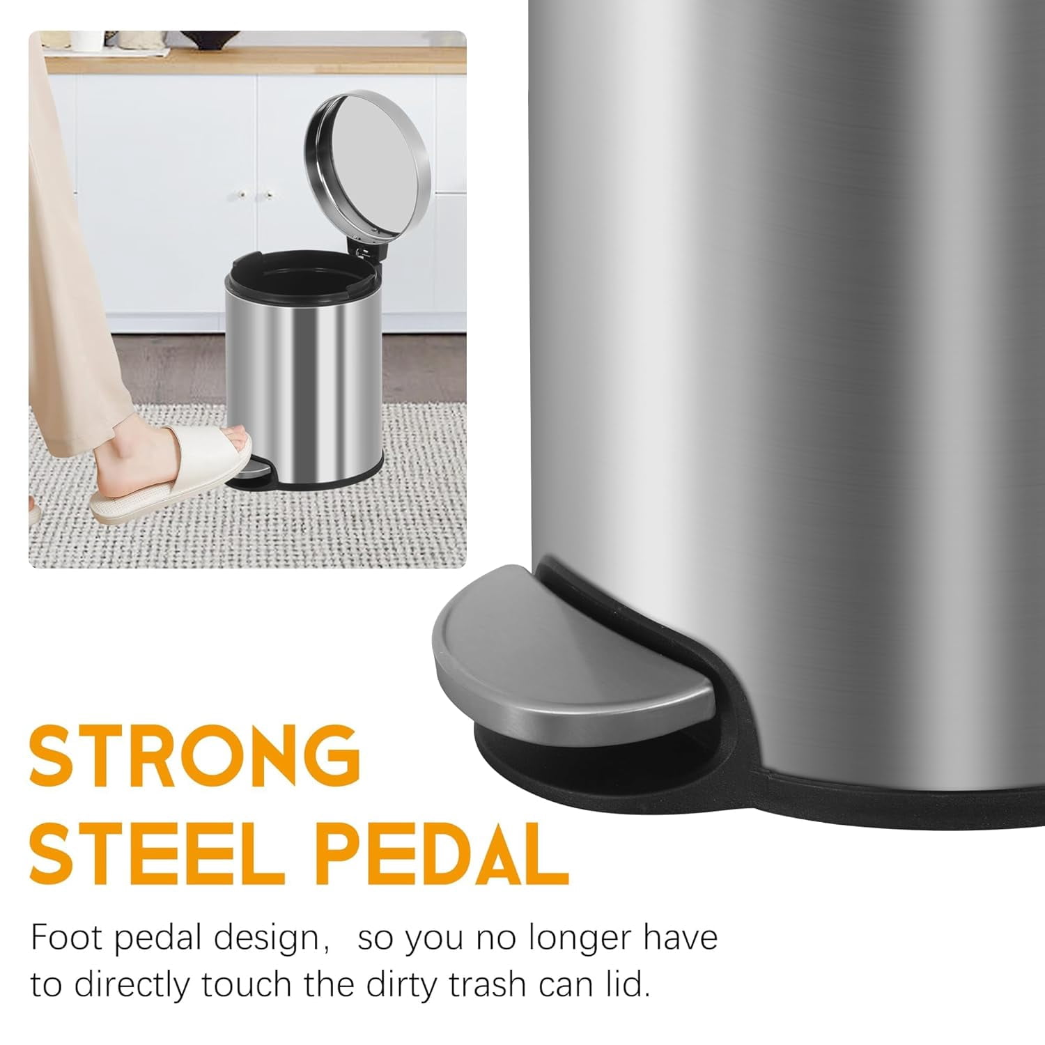 Small Bathroom Trash Can Toilet Trash Bin with Lid Waste Bin 6 L/1.6 Gallon Stainless Steel Trash Can Round Portable Garbage Bin for Bathroom Office Bedroom Rubbish Bin Step-Open, Silver (2 Pack)